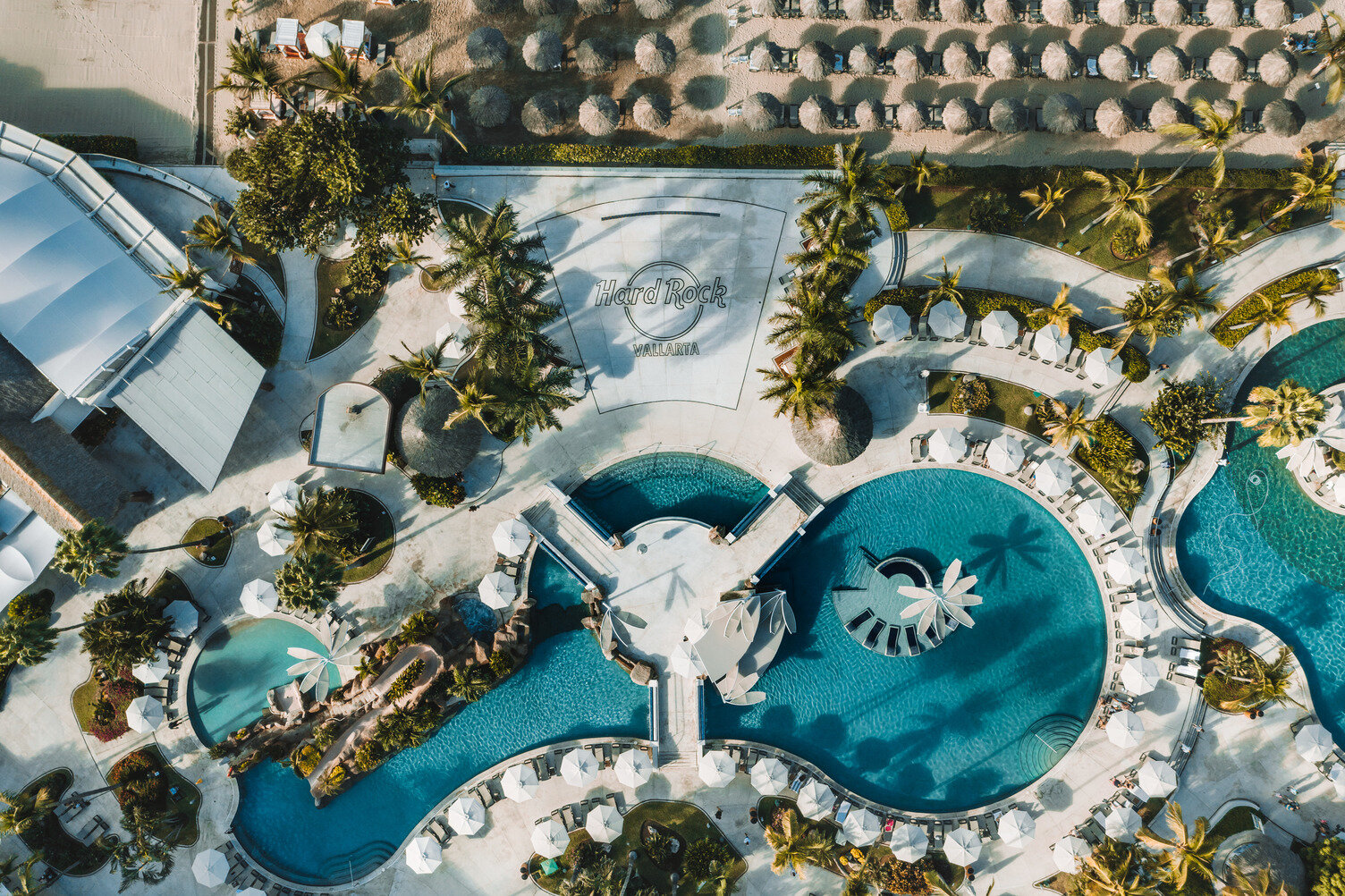 drone footage of the pool area of hard rock hotel vallarta