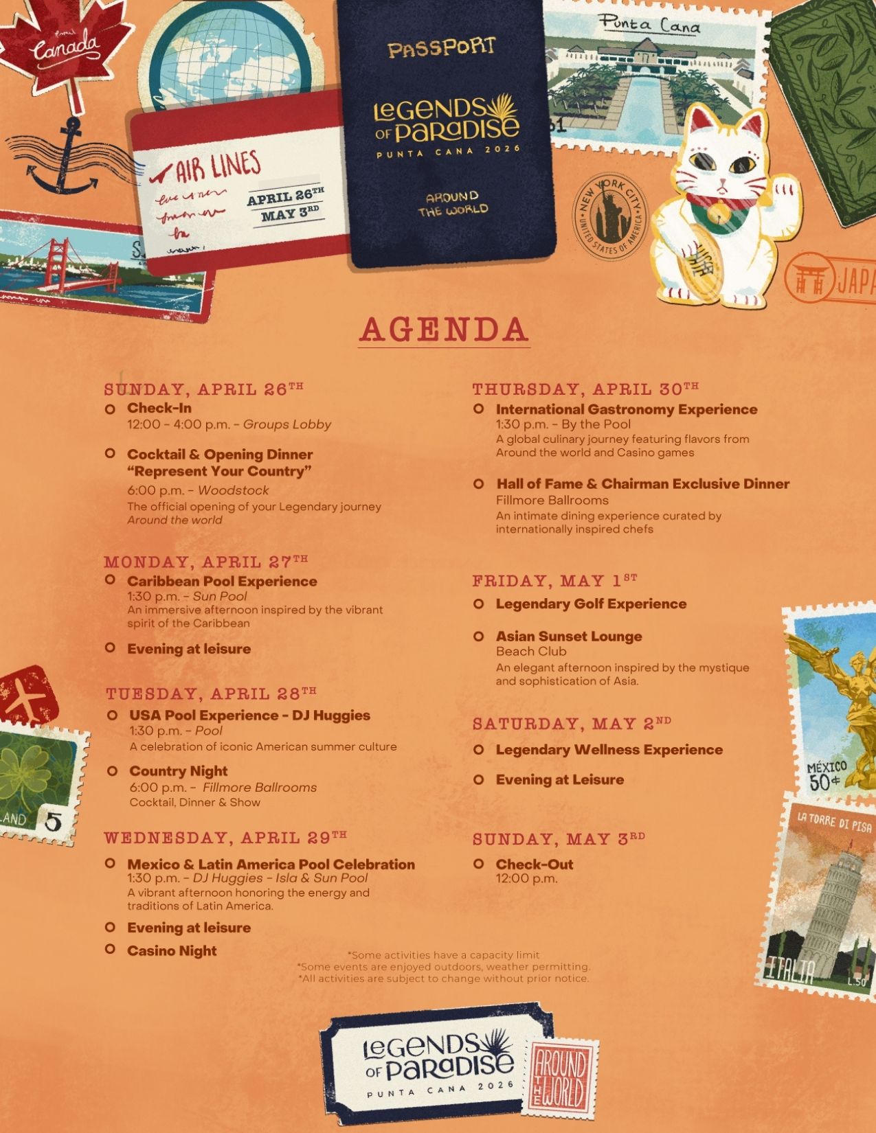 a calendar with stamps and a passport